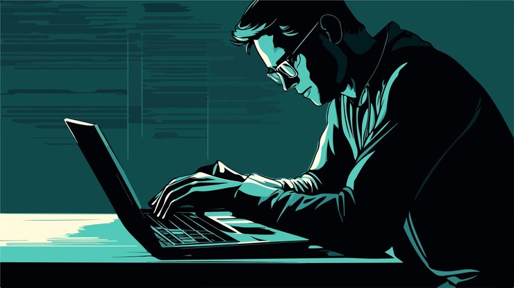 Vektor professioneller mann mit laptop im flachen vektor-stil isolierte illustration