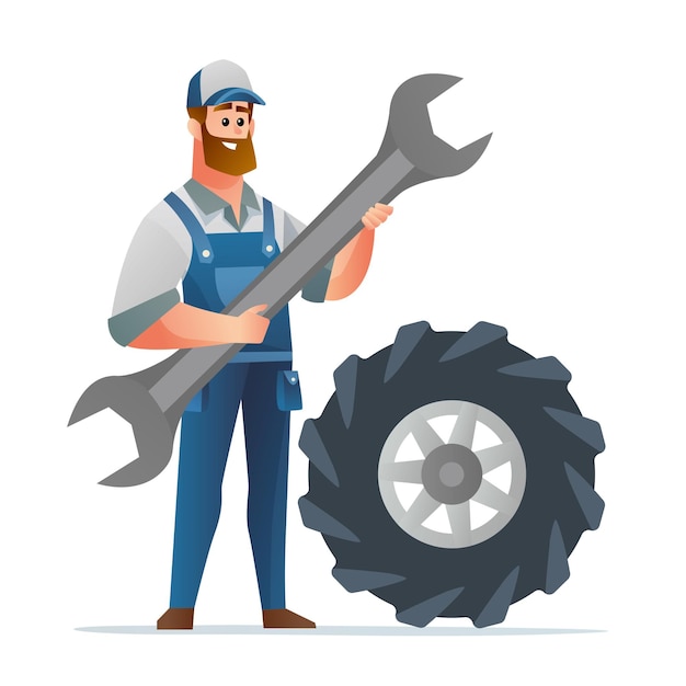 Professioneller Mechaniker, der großen Schraubenschlüssel mit großem Reifen hält