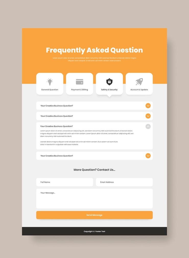 Professionelles Frequenzfragen- oder FAQ-Webseiten-Interface-Design mit Kontaktformular
