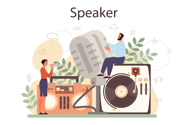 Professionelles konzept für sprecher, kommentatoren oder sprecher. peson spricht mit einem mikrofon. rundfunk oder öffentliche ansprache. sprecher des geschäftsseminars.
