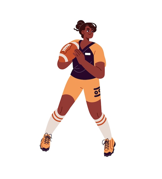 Profi-Rugby-Spielerin hält den Ball in den Händen Schwarze Sportlerin spielt American Football Athlet trainiert vor einem Sportwettbewerb Flach isolierte Vektor-Illustration auf weißem Hintergrund