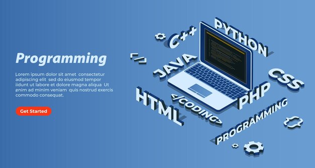 Programmcode auf isometrischem 3d-laptopbildschirm, 3d-text mehrerer programmiersprachenzeichen