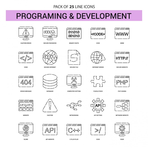 Programmier- und entwicklungs-linie ikonen-satz - 25 gestrichelte entwurfs-art