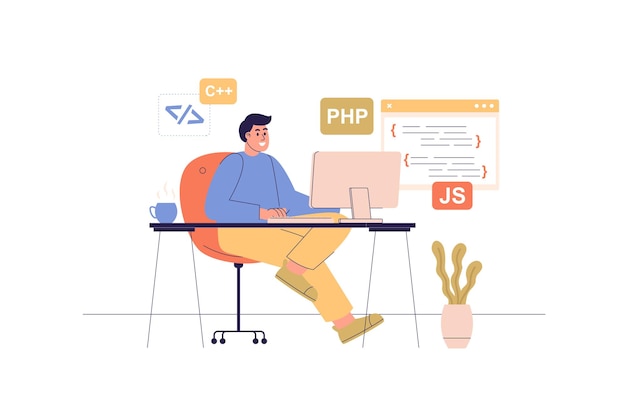 Programmierer arbeitet am Webkonzept mit People-Szene Entwickler sitzt am Computer und macht Programmierprojektcodierung auf abstrakten Bildschirmen Charaktersituation in flacher Designvektorillustration