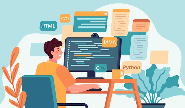 Programmierer arbeitet. Programm- oder Webentwickler-Codierung auf dem Computer. Bildschirm mit Code, Skript und geöffneten Fenstern. Coder-Ingenieur-Vektor-Konzept. Programmierer für Illustrationsentwicklung, Programmierung und Codierung
