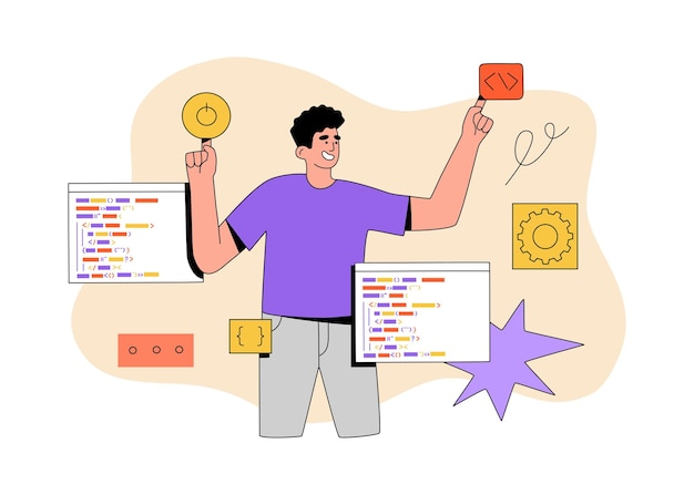 Programmierer, der an der Webentwicklung auf einem virtuellen Computerbildschirm arbeitet. Software-Engineering- und Skriptcodierungskonzept. Handgezeichnete Vektor-Illustration auf hellem Hintergrund isoliert. Flacher Cartoon-Stil.