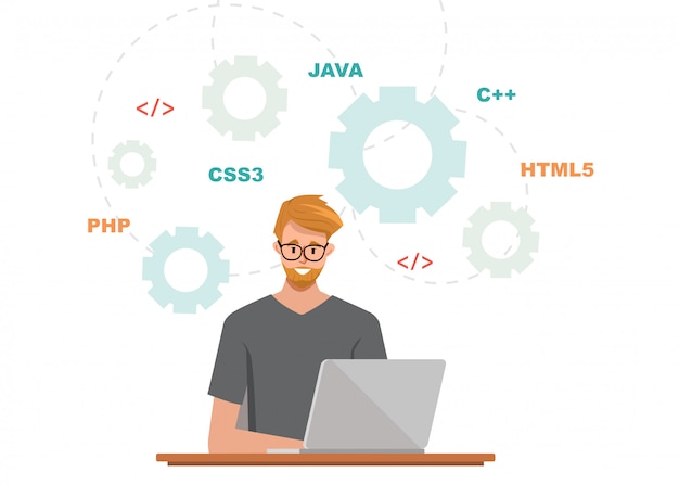 Vektor programmierer job charakter mit einem laptop. entwicklungsanwendung mit codierungsprozess.
