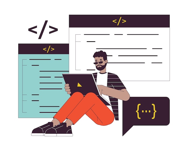 Programmierer sitzt mit Laptop flache Linie Konzept Vektor Spot Illustration Freelancer 2D Cartoon Umriss Charakter auf weiß für Web-UI-Design Bearbeitbar isolierte Farbe Held Bild