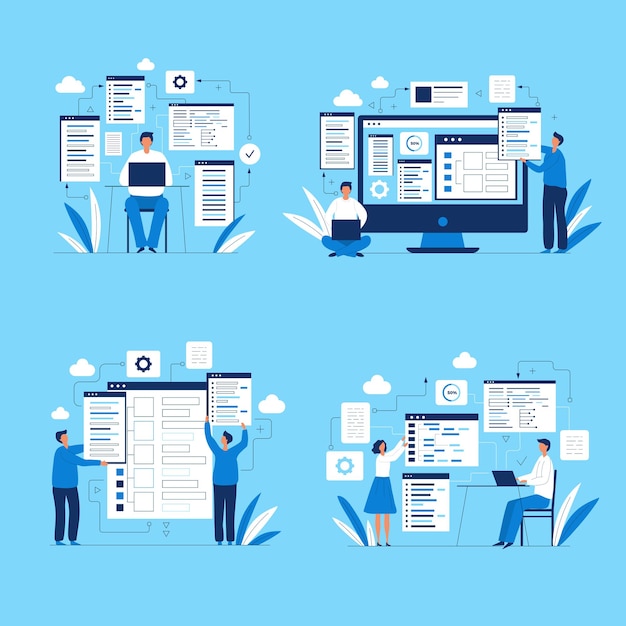 Programmierer Zeichen Menschen Webdesigner Entwickler ui Layout Produktion Codierung Drehbuchautoren Computeringenieure, die am Laptop oder PC arbeiten, aktuelle Vektor-Flachkonzeptbilder