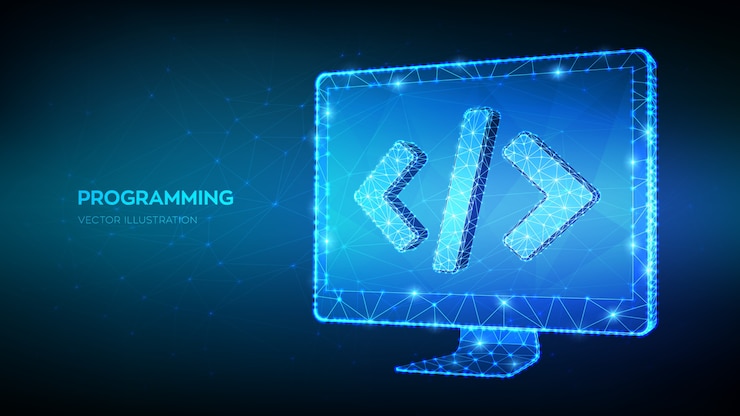 Vektor programmierkonzept. abstrakter niedriger polygonaler computermonitor mit programmiercodesymbol. codierung oder hacker hintergrund. entwicklungs- und softwarekonzept.