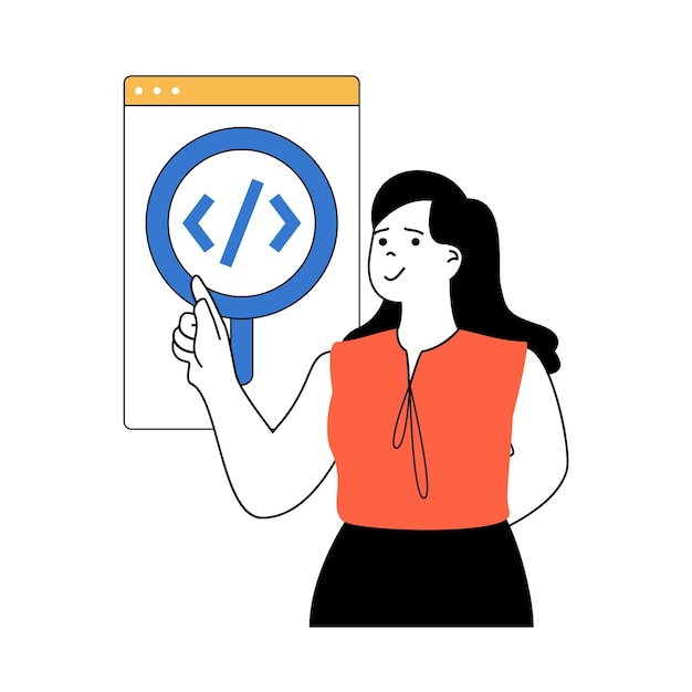 Programmierkonzept mit Cartoon-Menschen in flachem Design für das Web. Frau arbeitet als Programmiererin, recherchiert Software und behebt Fehler. Vektorillustration für Social-Media-Banner-Marketingmaterial