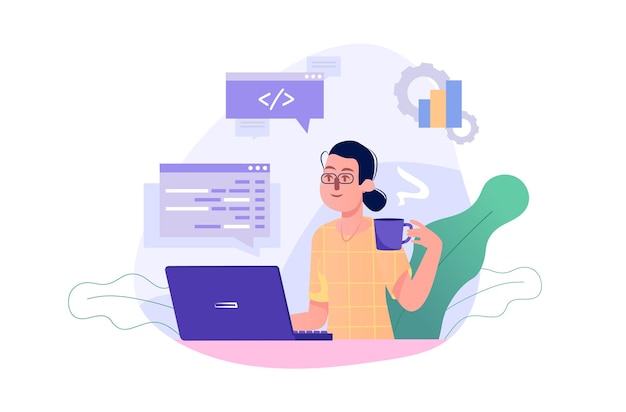 Programmierkonzept mit Menschenszene im flachen Cartoon-Design Ein Programmierer mit einer Tasse Kaffee