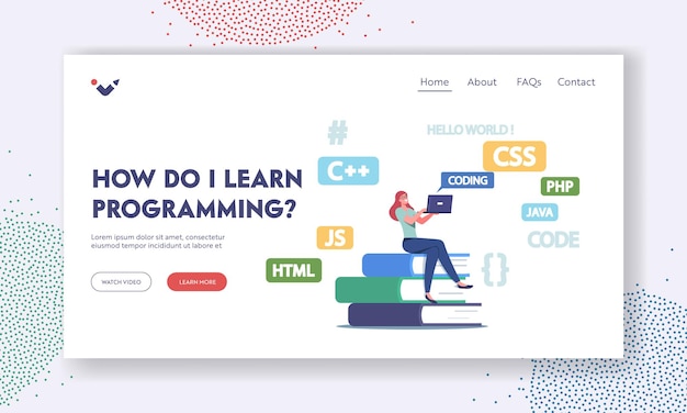 Programmierung, codierung der landingpage-vorlage. programmierer winzige weibliche figur sitzt auf riesigen lehrbüchern haufen arbeit auf laptop entwicklung von sprachen, websites oder software. cartoon-menschen-vektor-illustration