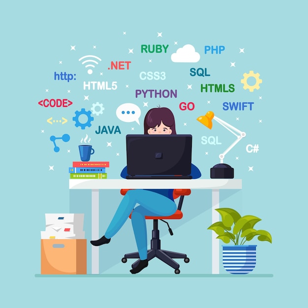 Programmierung und Codierung. Programmierer, der am Schreibtisch sitzt und Illustration arbeitet