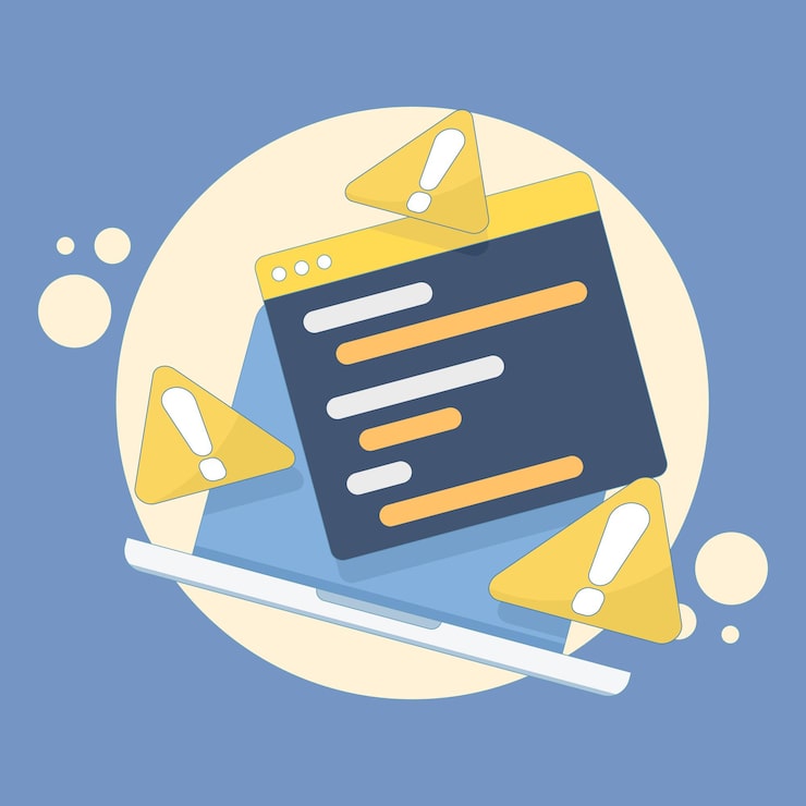 Vektor programming application or software window with warning signs or errors in the script