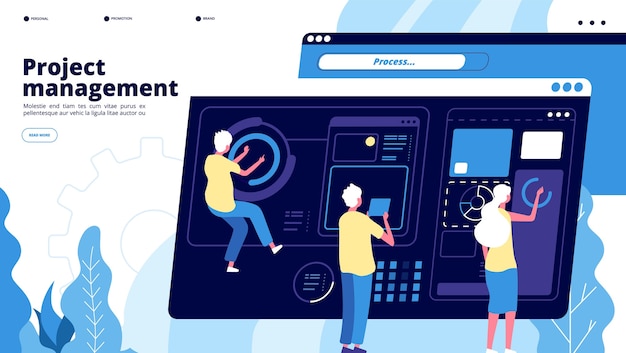 Projektmanagement Landung. Winzige Leute verwalten Diagramme auf dem Dashboard, Leute, die Software projizieren. Teamwork-Brainstorming-Vektorkonzept. Projekt-Software, Teamwork-Management und Entwicklungsillustration