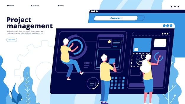 Projektmanagement landung. winzige leute verwalten diagramme auf dem dashboard, leute, die software projizieren. teamwork-brainstorming-vektorkonzept. projekt-software, teamwork-management und entwicklungsillustration