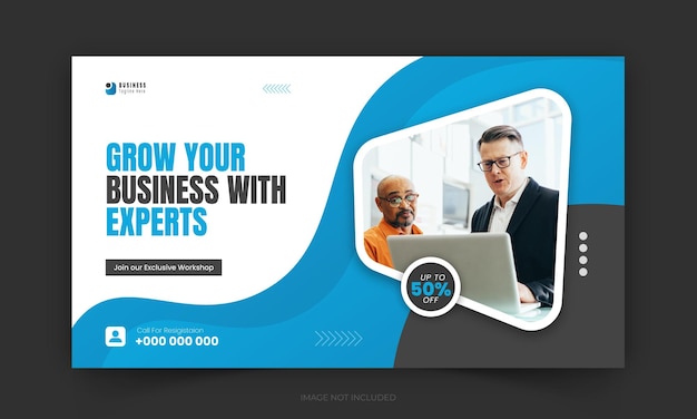 Promotion von Unternehmens- und Geschäftsworkshops YouTube-Video-Thumbnail-Design in blauer Farbe