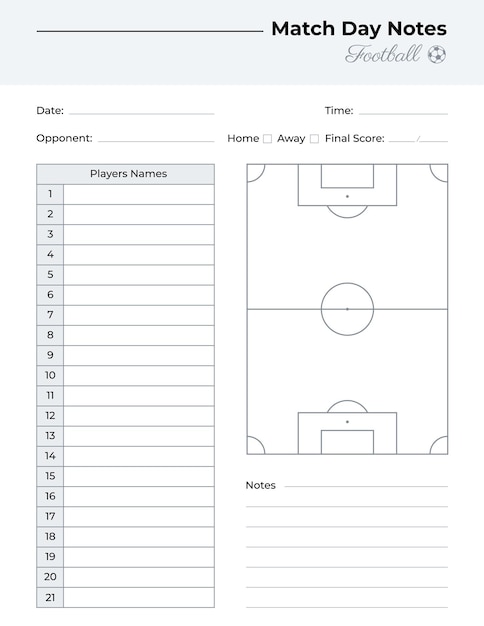 Vektor protokoll der spieltagnotizen mit fußballfelddiagramm