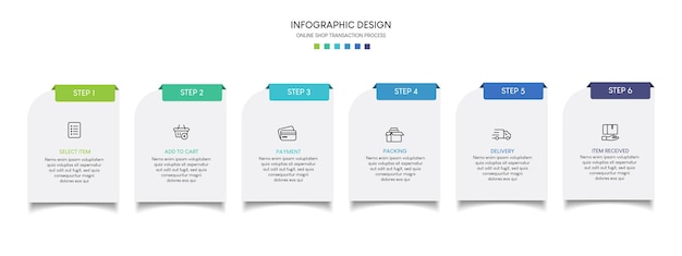 Prozess des online-shoppings mit 6 schritten. schritte business timeline prozess infografik präsentation te