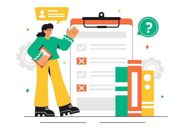 Prüfungspapier Vektor-Illustration mit einem Online-Prüfung Antwortblätter Formulare Umfragen und Internet-Quiz in einem flachen Cartoon-Hintergrund