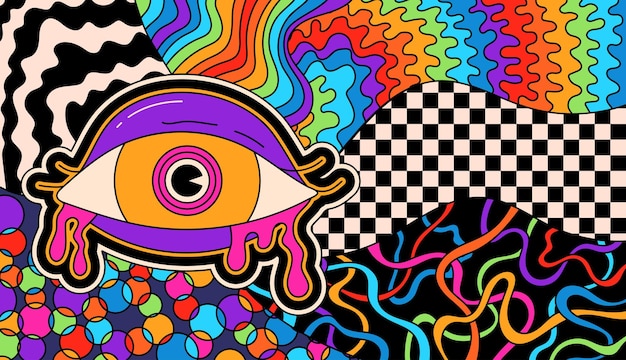 Vektor psychedelische groovy-drucke mit auge färben