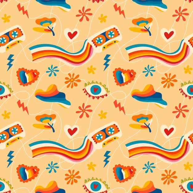 Psychedelische nahtlose Muster in groovigen Hippie-Hintergründen im Retro-Stil der 70er Jahre