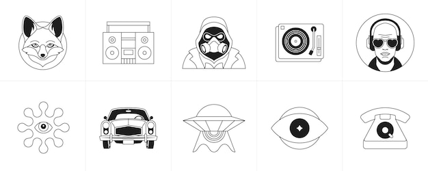 Vektor psychedelische retro groovy monochrome zeichentrickfigur und elementlinie icon set vektor-illustration surrealistischer fuchs vintage-tape-recorder monster-maske-platten-spieler keim-auge vintage-auto außerirdisches telefon