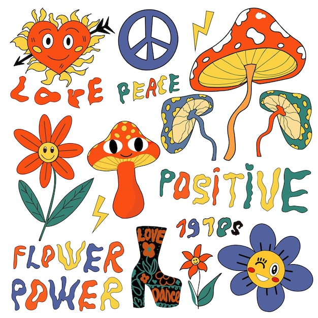 Psychedelische retro lustige aufkleber 70er-80er jahre doodle-stil. hippie-retro-vintage-ikonen, flowers power, pilze, frieden. vektorillustration