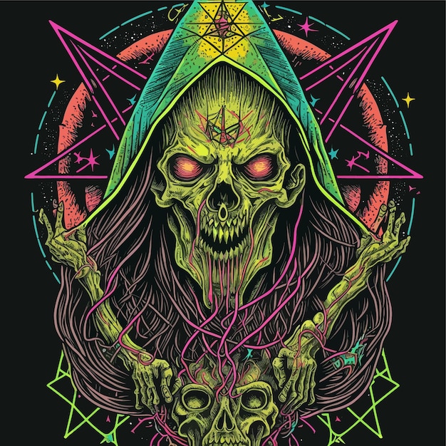 Vektor psychedelische skelettdämonenillustration. heavy-metal-bekleidungstätowierung. dunkle kunst.