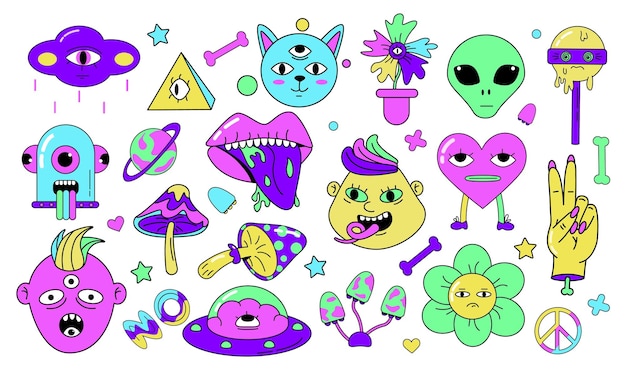 Psychedelische Zeichen gesetzt Totenkopf- und Alien-Emoji-Aufkleber verrückte Doodle-lächelnde Kreaturen Retro-surreale Trippy-Hippie-Symbole lustige glückliche Elemente saure Farben Vektor-Illustrationsdesign