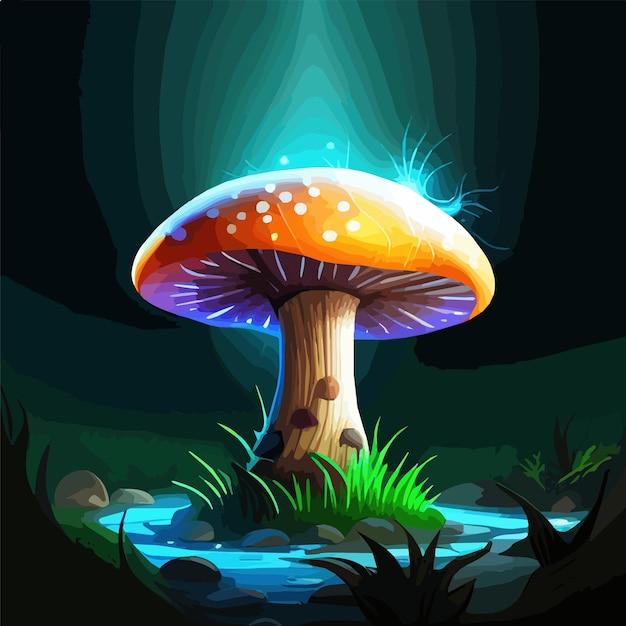 Psychedelischer dekorativer pilz in einem dunklen wald leuchtet nachts mit neonlichtvektorillustration