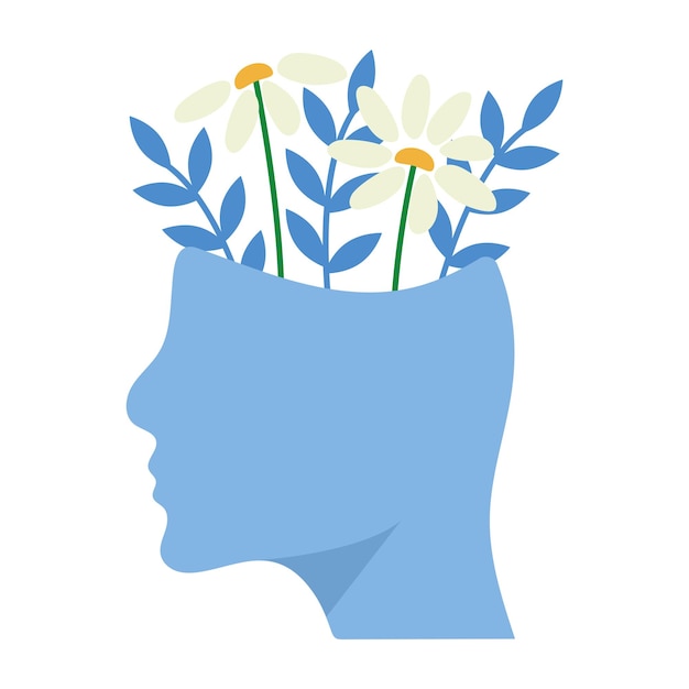Psychische Gesundheit mit Blumen im Kopf, Vektorillustration, Psychologie, Konzept der psychischen Gesundheit. Bildung