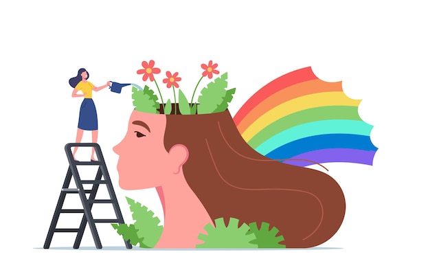 Psychische gesundheit, psychologische unterstützung, gesunder geist, positives denken. winzige frauenfigur steht auf leiter, die blumen am riesigen weiblichen kopf mit buntem regenbogen gießt. cartoon-vektor-illustration