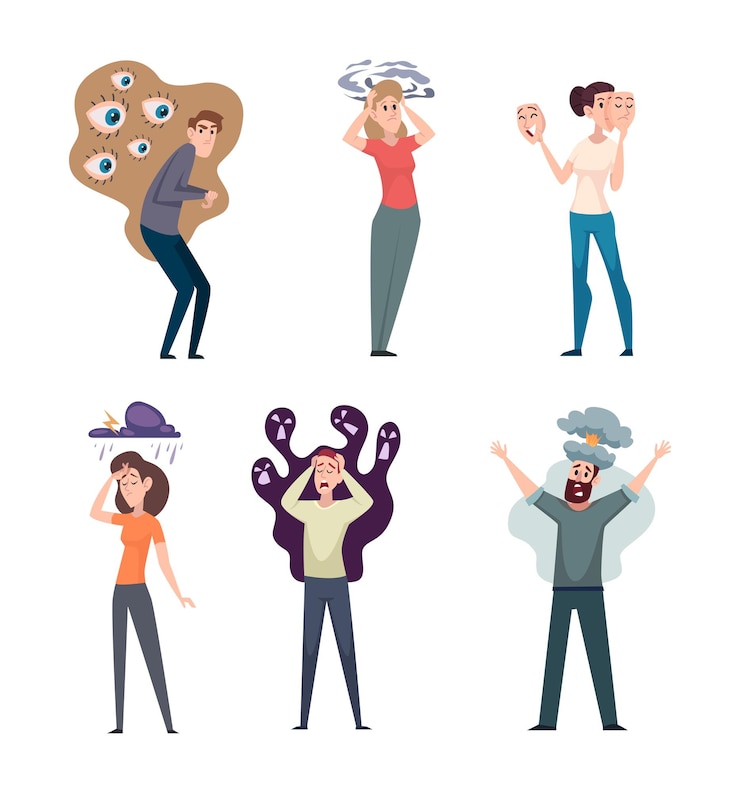 Vektor psychologisches problem ungesunde psychische negative krankheitszustände bipolare probleme exakte vektorpsychologie-therapie illustration des bipolaren störungsgefühls