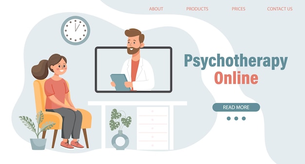 Vektor psychotherapie online-mädchen spricht mit einem psychologen auf dem bildschirm geistesgesundheitsbanner oder landung