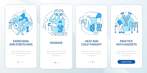 Pt-behandlungen blauer onboarding-seitenbildschirm der mobilen app. körperliche gesundheit. physiotherapie walkthrough 4 schritte grafische anweisungen mit konzepten. ui-, ux-, gui-vektorvorlage mit linearen farbillustrationen