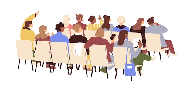 Publikum, Menschenrücken bei öffentlicher Veranstaltung, Seminar. Männer- und Frauengruppe sitzt auf Stühlen bei Konferenz, Vortrag, Schulung. Rückseite des Auditoriums. Flache Vektordarstellung isoliert auf weißem Hintergrund.