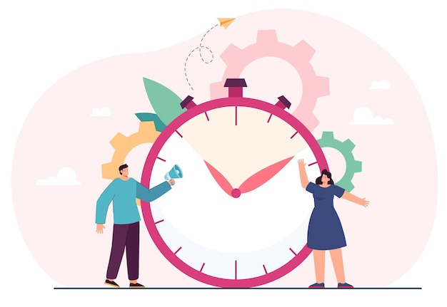 Pünktliche kleine Leute, die Intervalle planen, arbeiten mit Uhr oder Timer. Mann, der Megaphon in der Hand flache Vektorillustration hält. Terminkontrolle, Effizienz des Zeitmanagements, Sportwettkampfkonzept