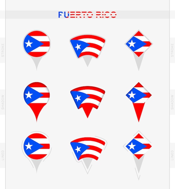 Puerto-rico-flagge mit standortstiftsymbolen der puerto-rico-flagge