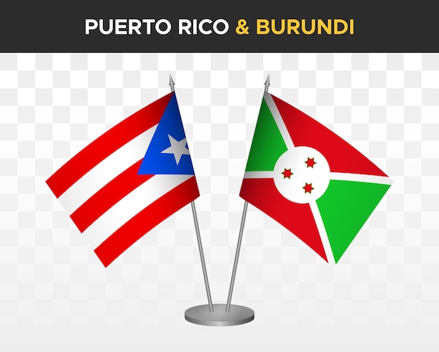 Puerto rico vs burundi tischflaggen mockup isolierte 3d-vektorillustration tischflaggen