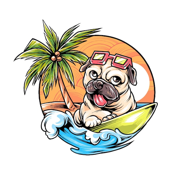 Pug dog summer chill holiday mit surf- und schwimm-premium-vektor