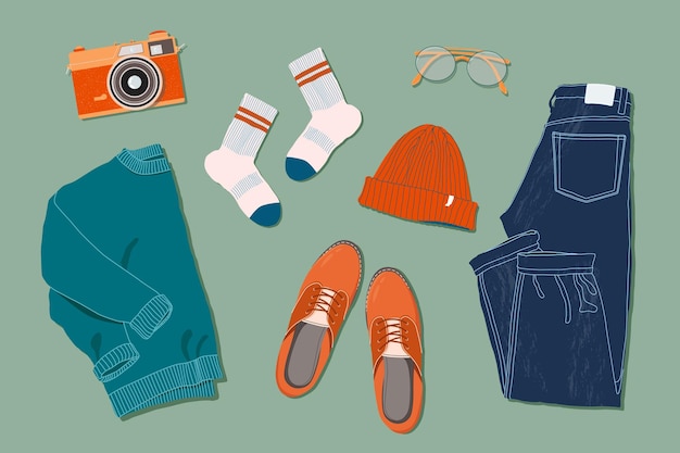 Vektor pullover, jeans, brille, socken, hut, oxford-schuhe und filmkamera im flachen lay-stil. modisch