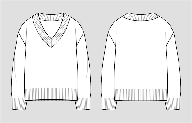 Vektor pullover mit v-ausschnitt. übergroßer strickpullover für damen. vektor-technische skizze-mockup-vorlage