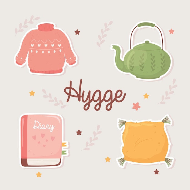 Pullover teekanne buch und kissen, cartoon hygge stil illustration