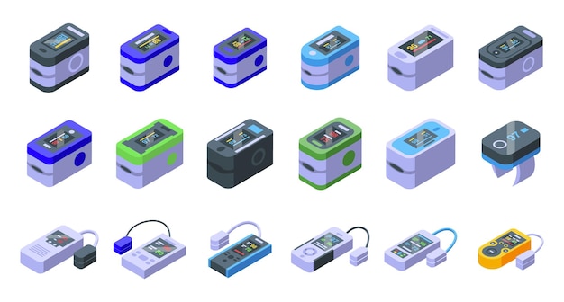 Pulsoximeter-symbole setzen isometrischen vektor blutgesundheit