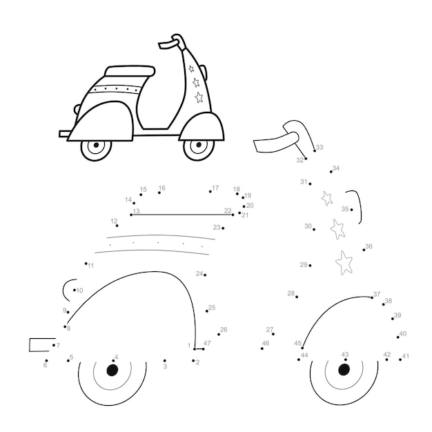 Punkt-zu-punkt-puzzle für kinder. punktespiel verbinden. motorrad illustration