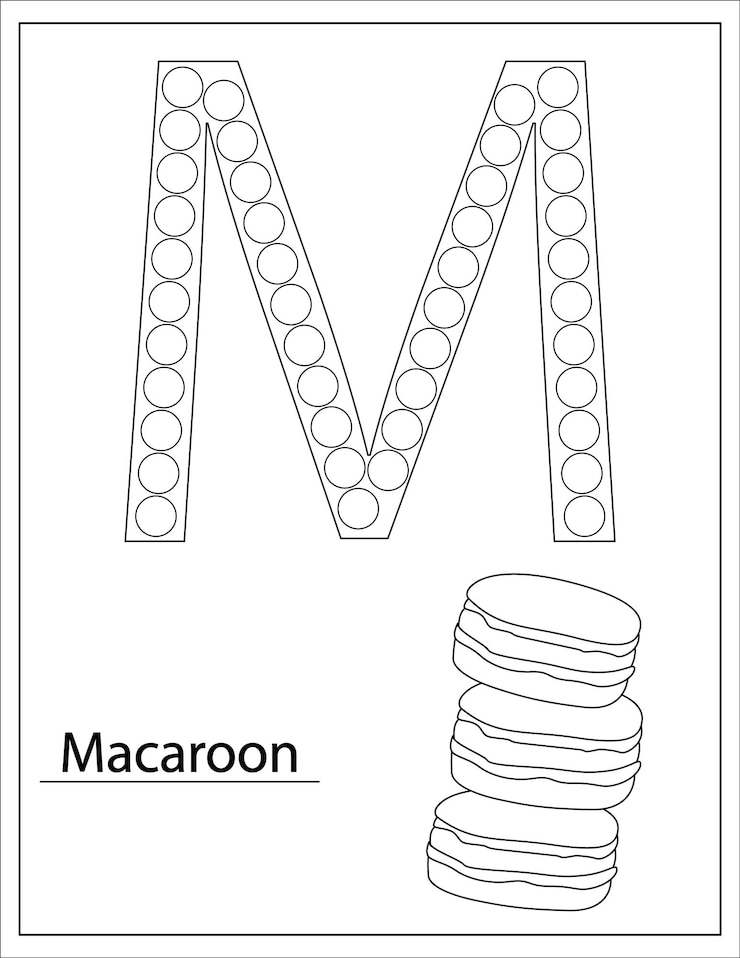 Vektor punktmarkierungen, alphabet-malvorlagen zum thema essen, aktivitäten für kleinkinder und vorschulkinder