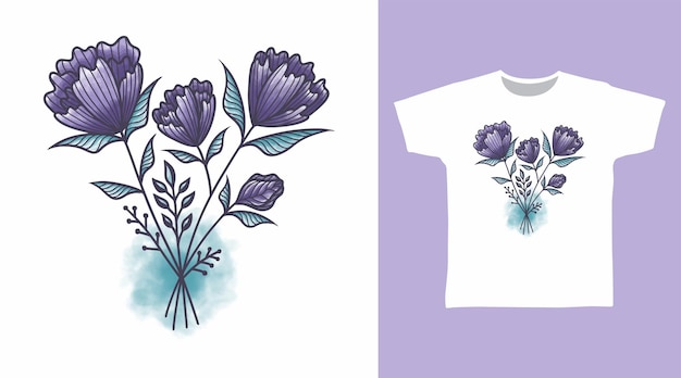 Purpurrote blume handgezeichnetes t-shirt und bekleidungsdesignkonzept