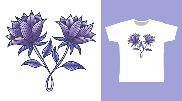 Purpurrote Blumenhand gezeichnete T-Shirts und Kleidungsdesignkonzept